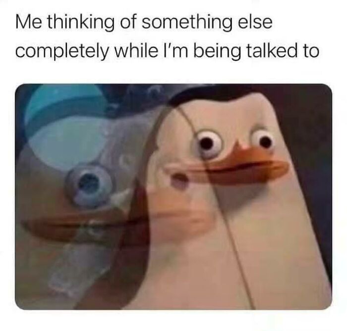 Penguin meme showing distracted expression, illustrating humor as a coping mechanism in funny relatable posts.