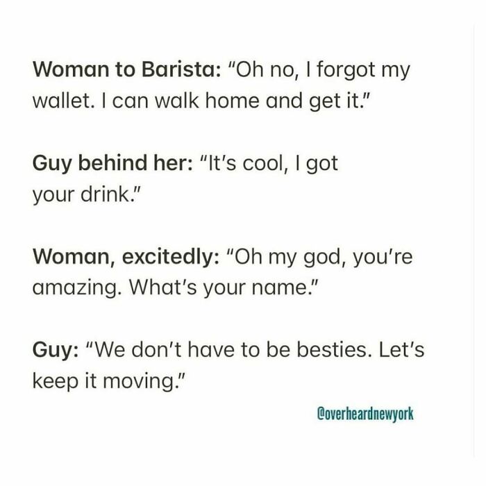Text conversation of a wild NYC conversation where a guy covers a woman’s drink after she forgot her wallet.