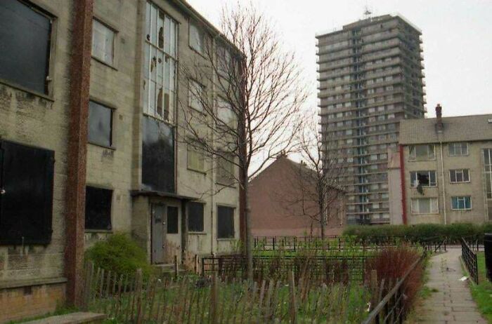 Urban landscape with deteriorating buildings and bare trees under a cloudy sky, illustrating urban hell.