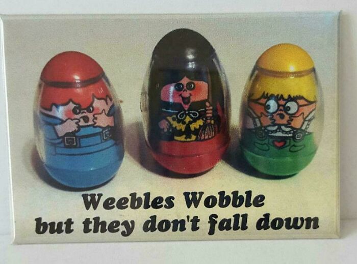 Three vintage Weebles toys with text Weebles wobble but they don’t fall down nostalgic photos collection.