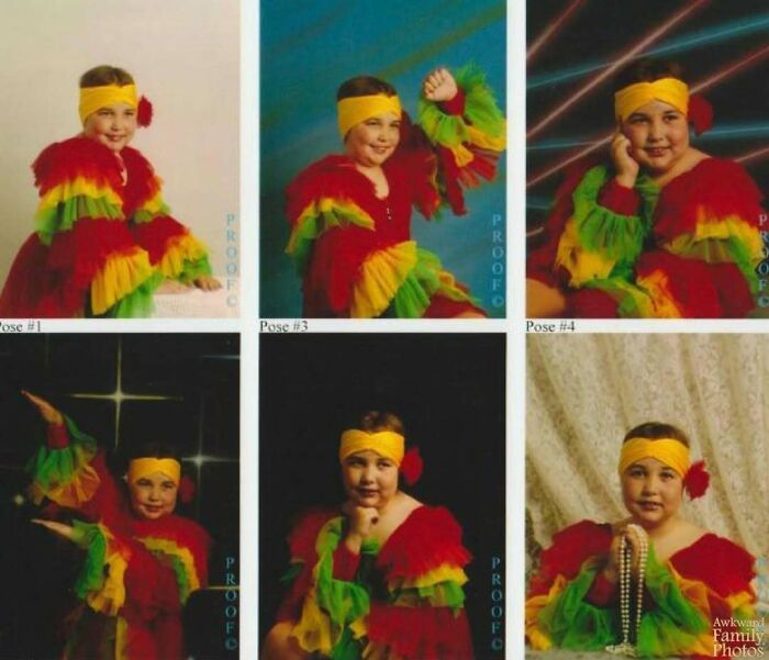 Child in colorful costume posing in awkward family photos that simultaneously feel incredibly sweet and nostalgic.