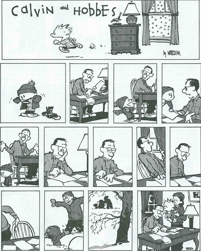 Father bonding with child in a comic strip, illustrating a dad's rewarding role in parenting.