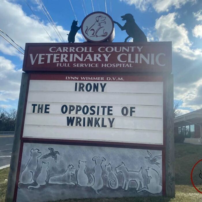 Vet hospital sign joke: "Irony: The Opposite of Wrinkly."