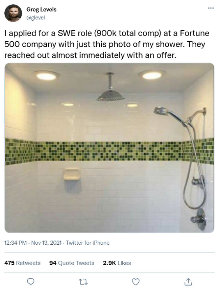 Meme shared by an online community for programmers, featuring a humorous take on job application success using a shower photo.