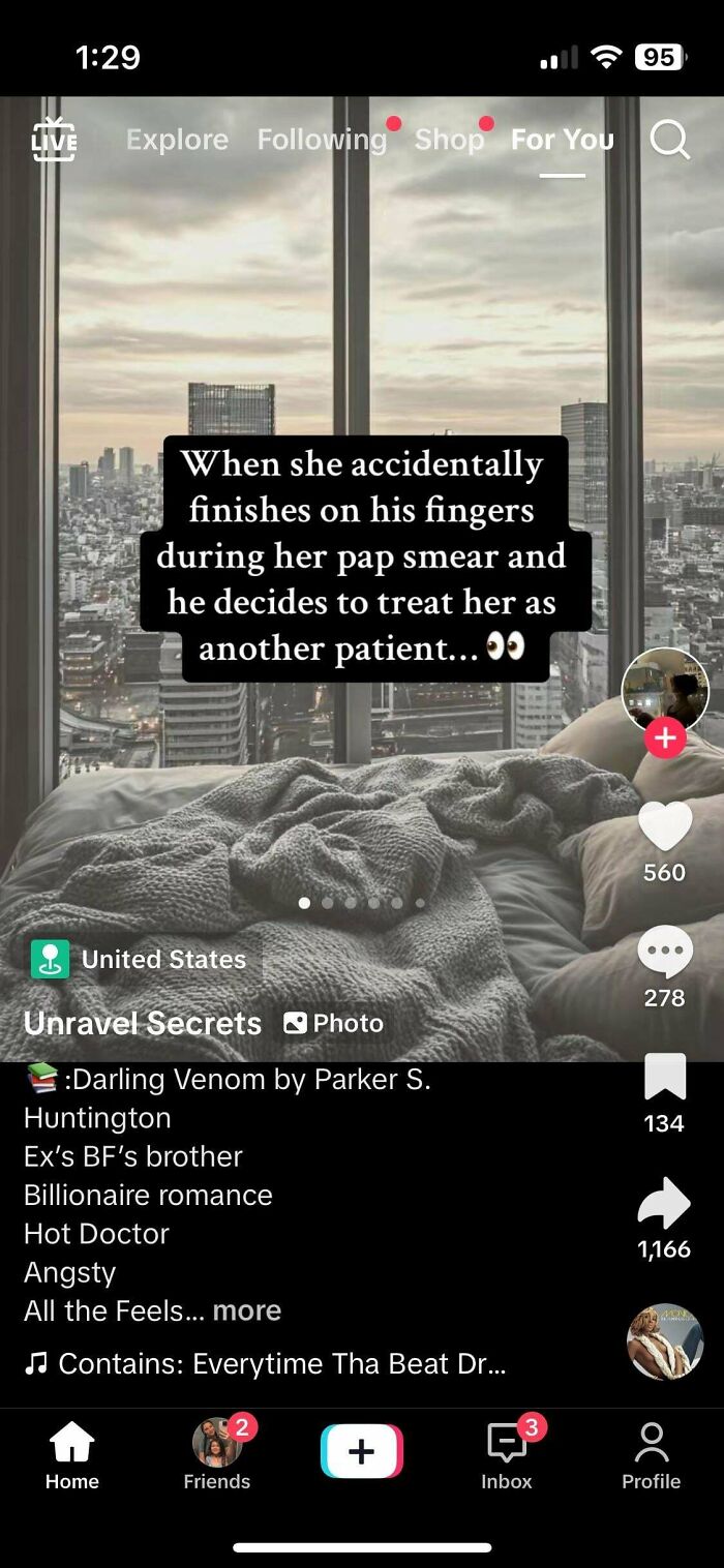 TikTok post showing a bedroom with city view and humorous text on male authors barely knowing women.