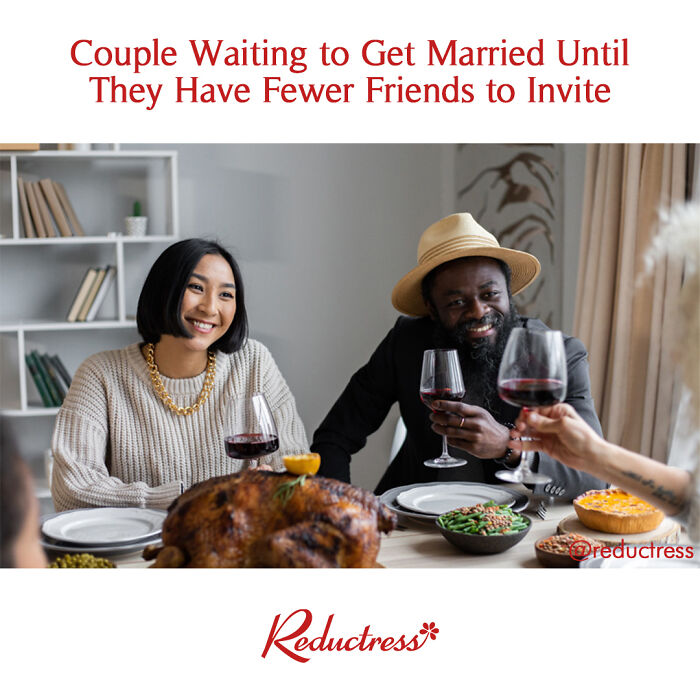 Couple sharing wine at a dinner table with a roasted turkey, illustrating funny fake article headlines from Reductress.