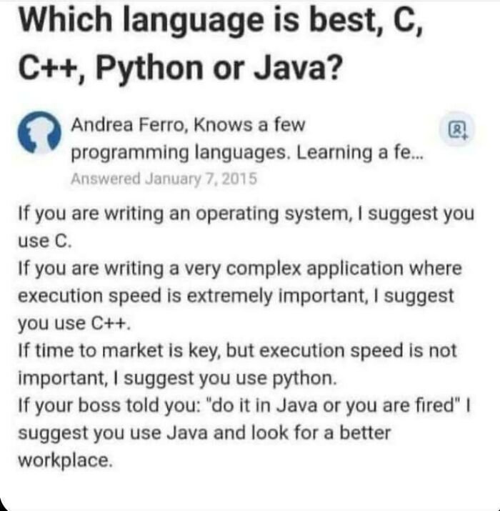 Meme for programmers comparing C, C++, Python, and Java, discussing language suitability for different applications.