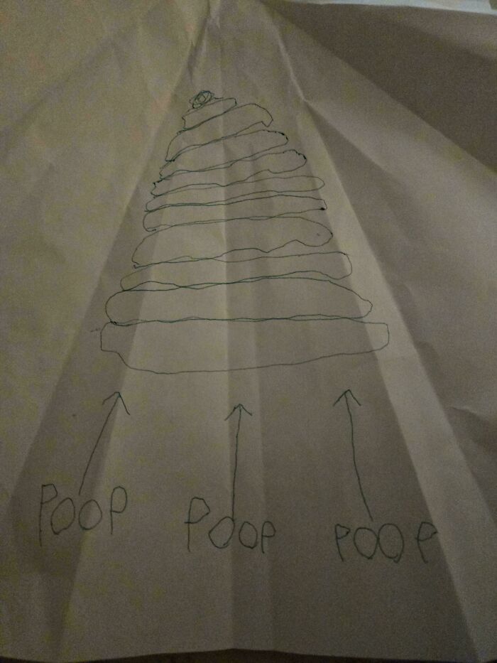 Child's drawing of a pyramid labeled "p**p," showcasing the rewarding job of being a dad through humor and creativity.