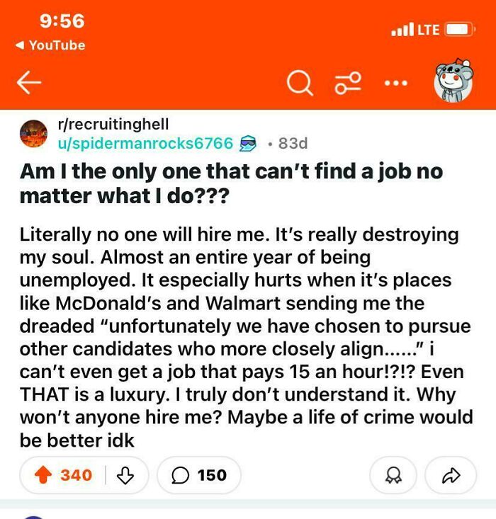 Reddit post discussing a year-long struggle to find a job in "Recruiting Hell," feeling frustrated and hopeless about employment.