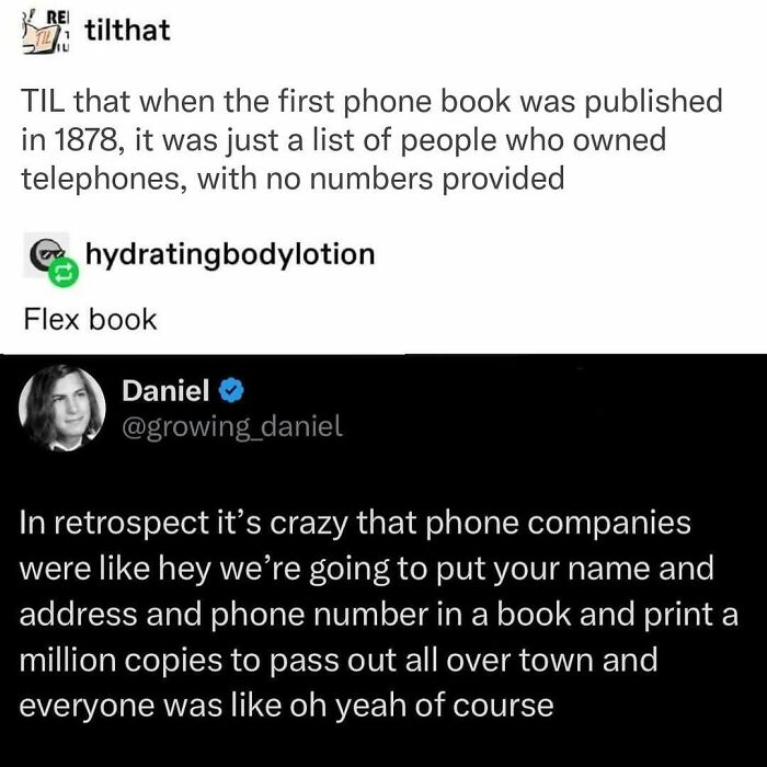 Relatable meme about the first phone book in 1878, humorously noting it listed names without numbers. Avocado generation humor.