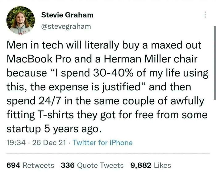 Meme highlighting humorous programmer priorities with tech gear versus clothing choices.