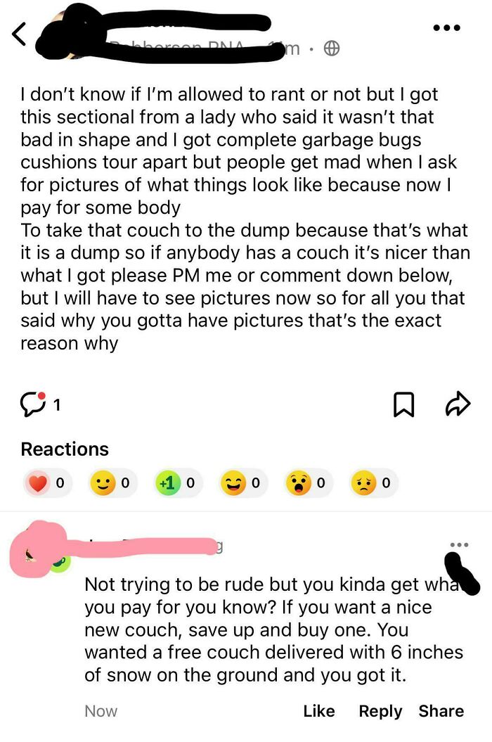 Social media post about a couch exchange gone wrong, highlighting a beggar being chooser scenario.