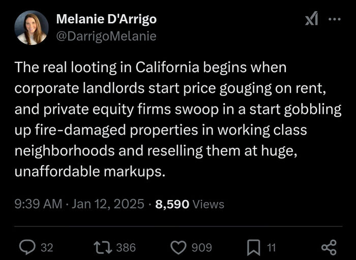 Tweet screenshot discussing rent price gouging and private equity firms reselling fire-damaged properties, highlighting White People Twitter topics.