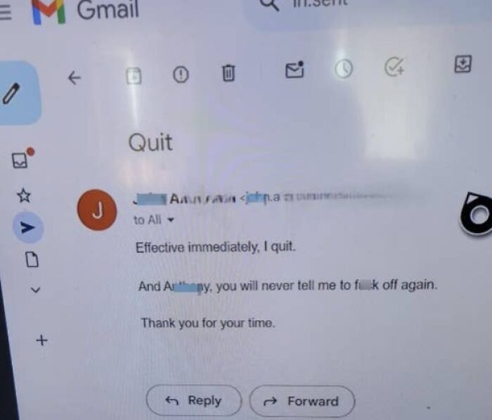 Email screenshot with subject "Quit," showing immediate resignation and addressing workplace conflict, related to people quitting jobs.