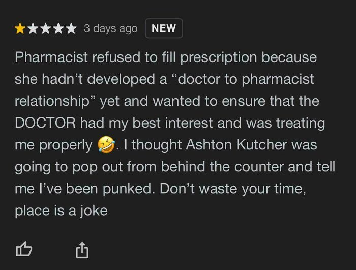 Customer review highlighting frustration with local pharmacies over prescription issues.