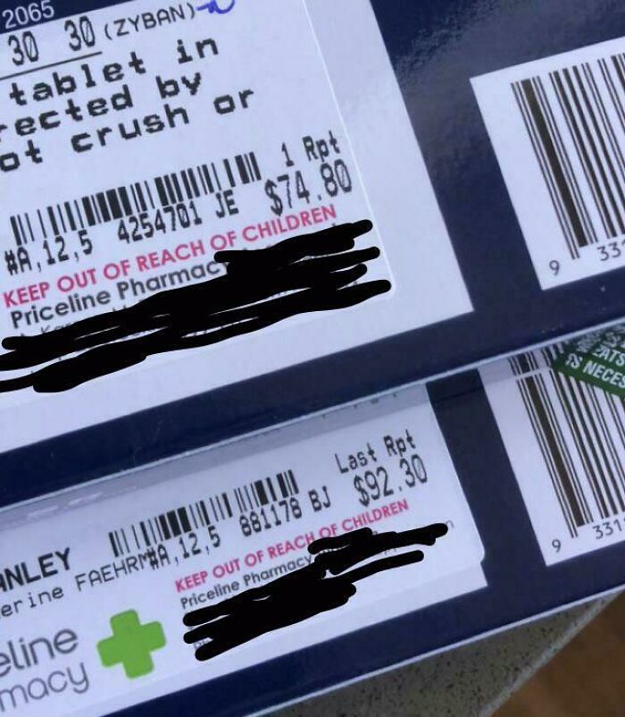 Prescription labels with prices highlighted, showing issues with local pharmacies.