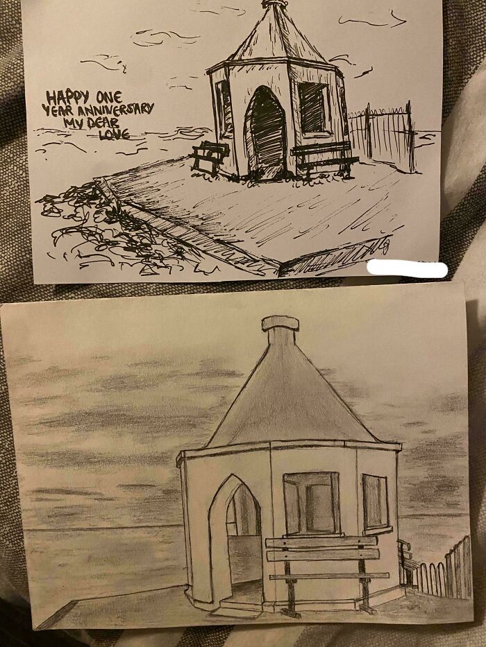 Pencil sketches of a small seaside pavilion with a heartfelt anniversary message, capturing a funny-wholesome surprise.