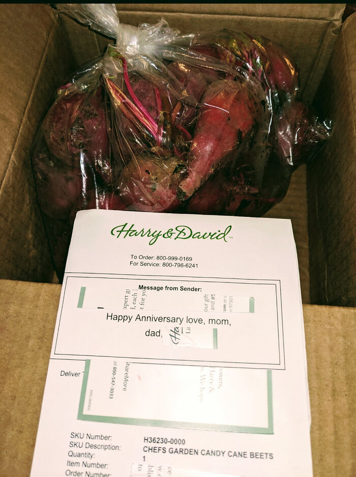 Funny wholesome anniversary surprise with a box of beets and a loving message from family.