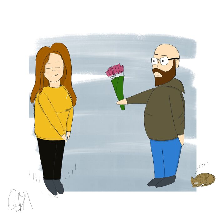 Cartoon man surprising woman with flowers, showcasing a funny and wholesome anniversary moment.