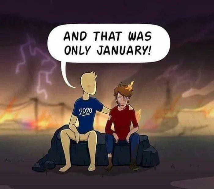 Cartoon character wearing a 2020 shirt says "And that was only January!" predicting tumultuous events.