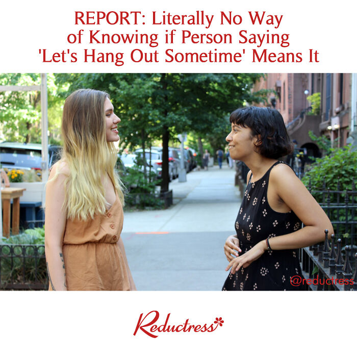 Two women casually chatting on a city sidewalk, illustrating funny fake article headlines from Reductress magazine.