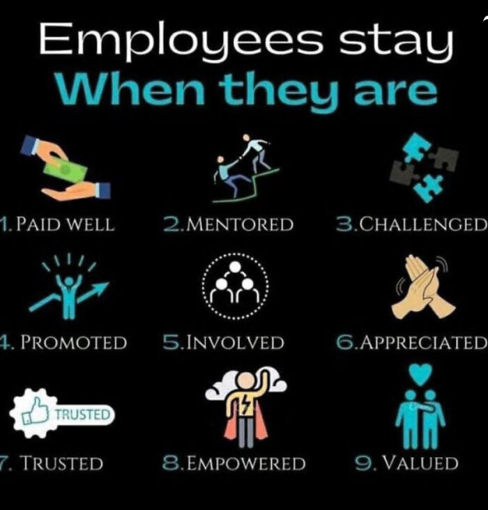 Infographic showing nine reasons employees stay, highlighting factors like being paid well, mentored, challenged, and empowered.