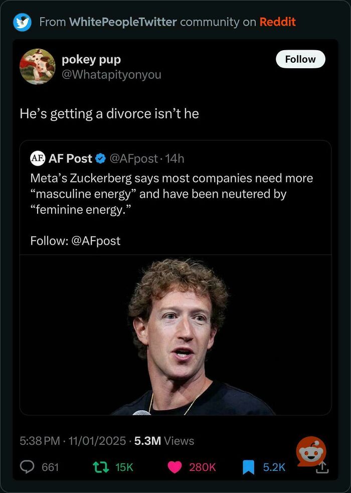 Tweet discussing gender energy in companies, with humorous comment on personal life, from WhitePeopleTwitter on Reddit.