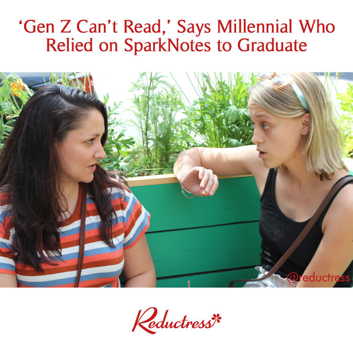 Two women having a serious conversation outdoors, illustrating funny fake article headlines from Reductress magazine.