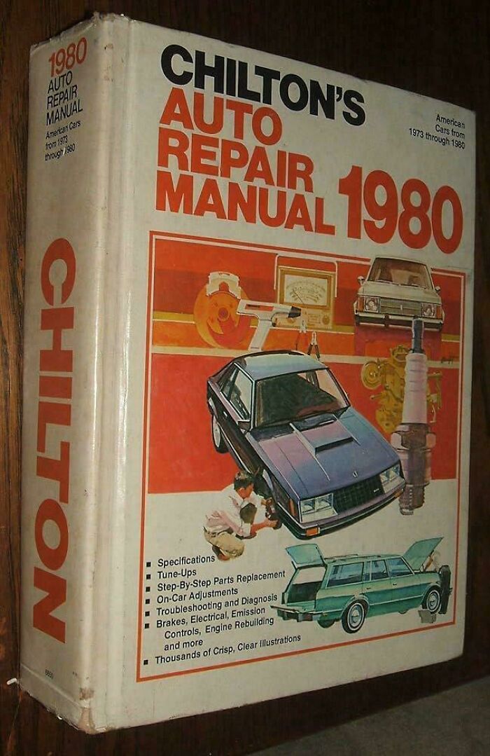 Vintage 1980 Chilton's auto repair manual with illustrations and guides, evoking nostalgic photos and memories of old cars.