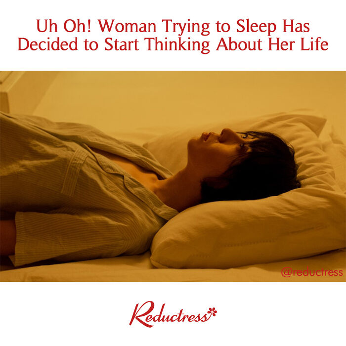 Woman lying awake in bed, appearing deep in thought, illustrating funny fake article headlines from Reductress.