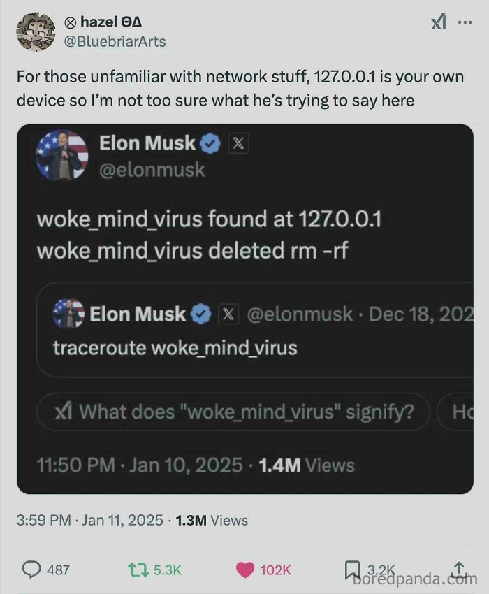 Meme for programmers with tweets about network terms like 127.0.0.1, referencing "woke_mind_virus" with humorous context.