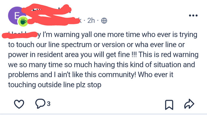 Screenshot of a wild post warning neighbors about touching resident power lines on a neighborhood app.