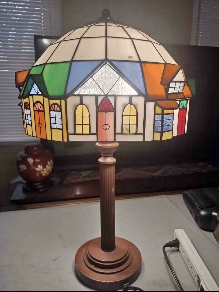 Stained glass lamp with colorful house design, found thrifting.