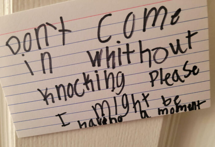 Handwritten sign by a child saying "Don't come in without knocking please" with funny spelling mistakes. Hilarious-kids moment.