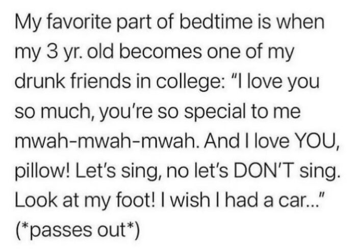Text about a three-year-old acting like a college friend, showcasing hilarious kids' bedtime antics.