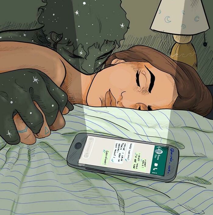 Person sleeping with phone displaying loving messages, symbolizing long-distance love.