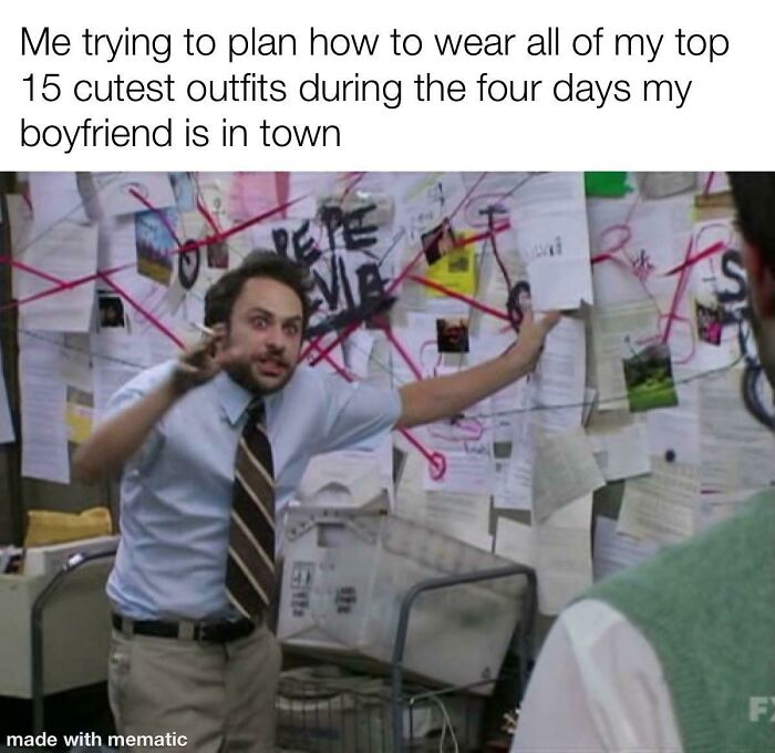 Man in office shirt, surrounded by a chaotic board, humorously planning outfit for long-distance boyfriend's visit.