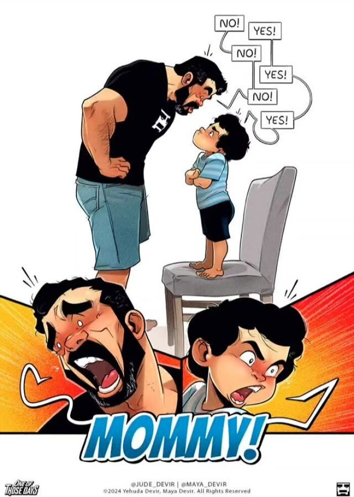 Comic of dad and child arguing humorously, shouting "Mommy!" by Yehuda and Maya Devir.