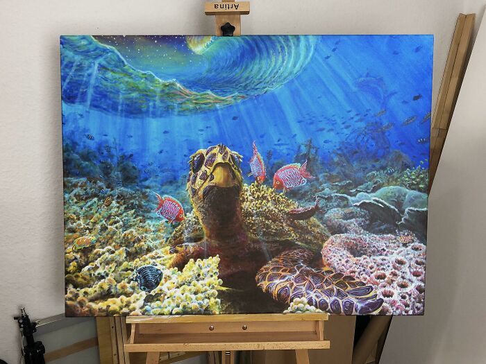 Colorful underwater turtle painting on an easel, perfect for funny wholesome anniversary surprises.