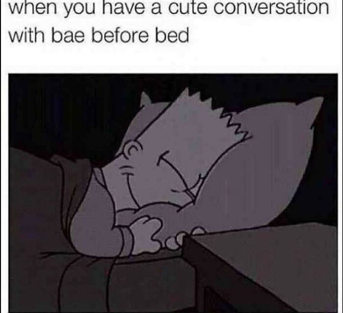 Cartoon character smiling in bed, feeling happy after a cute long-distance conversation.