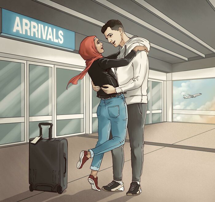 Couple embracing at airport arrivals, symbolizing long-distance love.