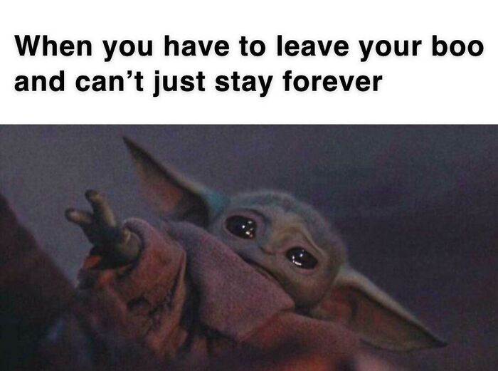 Baby Yoda looking sad with a caption about leaving loved ones, highlighting long-distance love.