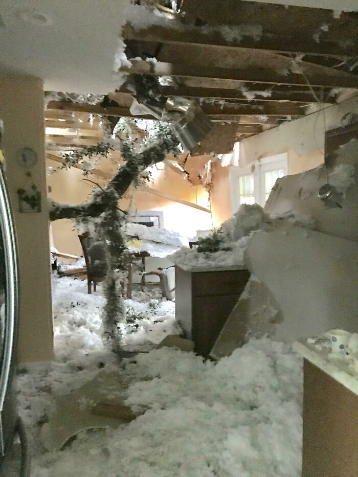 Collapsed ceiling inside a house following a storm, highlighting the importance of nature disaster resilience.