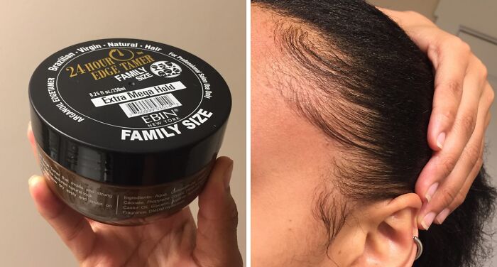 Hair gel for a polished look in 2025, with product held in hand and applied to styled edges.