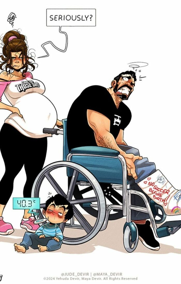 Comic by Yehuda and Maya Devir depicting funny parenting moments with a tired dad on a wheelchair and a pregnant mom.