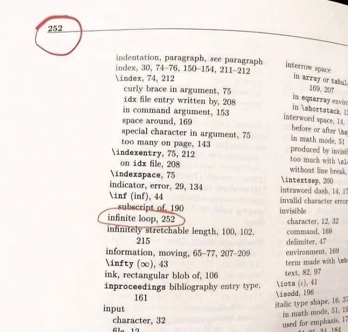 Index page of a textbook with "infinite loop" circled in red, showcasing a science meme.