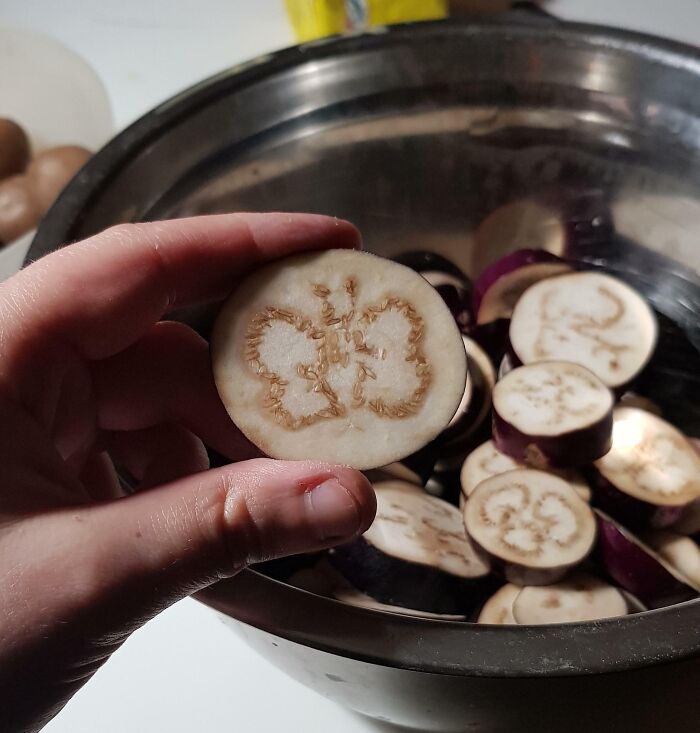 Close-up of a hand holding an eggplant slice with a butterfly shape, illustrating pareidolia.