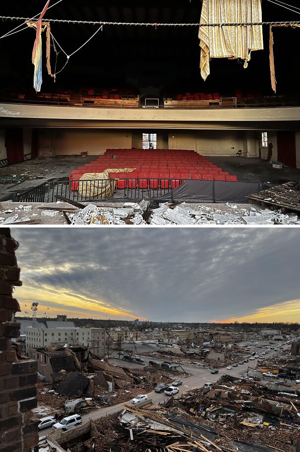 Damaged theater interior and a cityscape showing extensive destruction, highlighting nature disaster resilience challenges.