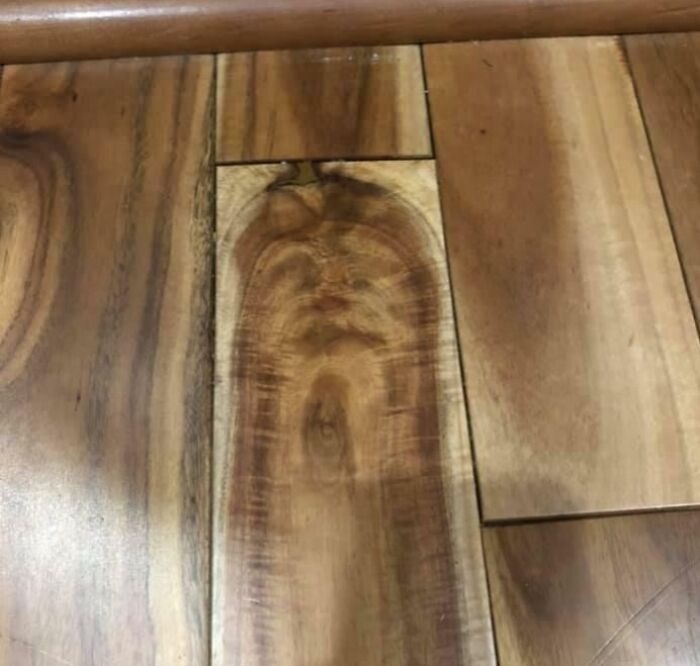Wood grain resembling a human face, illustrating pareidolia in natural textures.