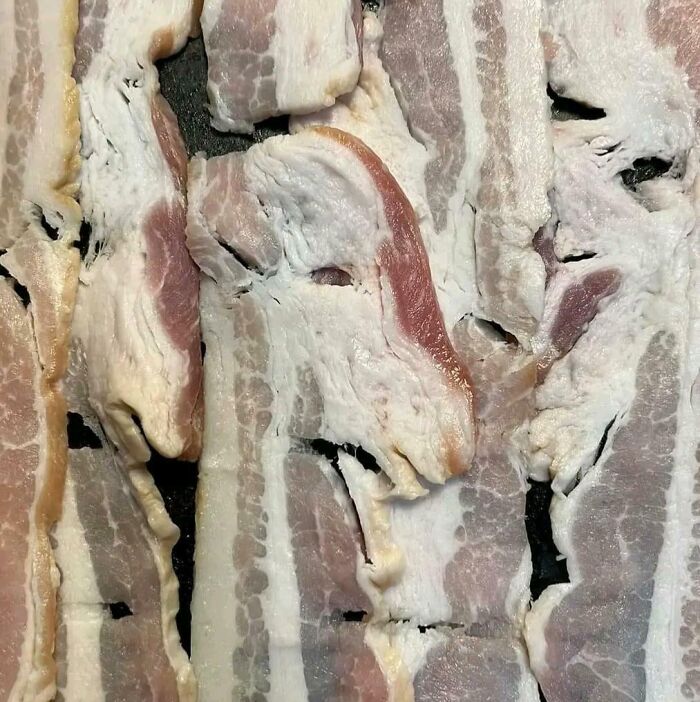 Sliced bacon resembling a dog's face, showcasing pareidolia-pictures phenomenon.